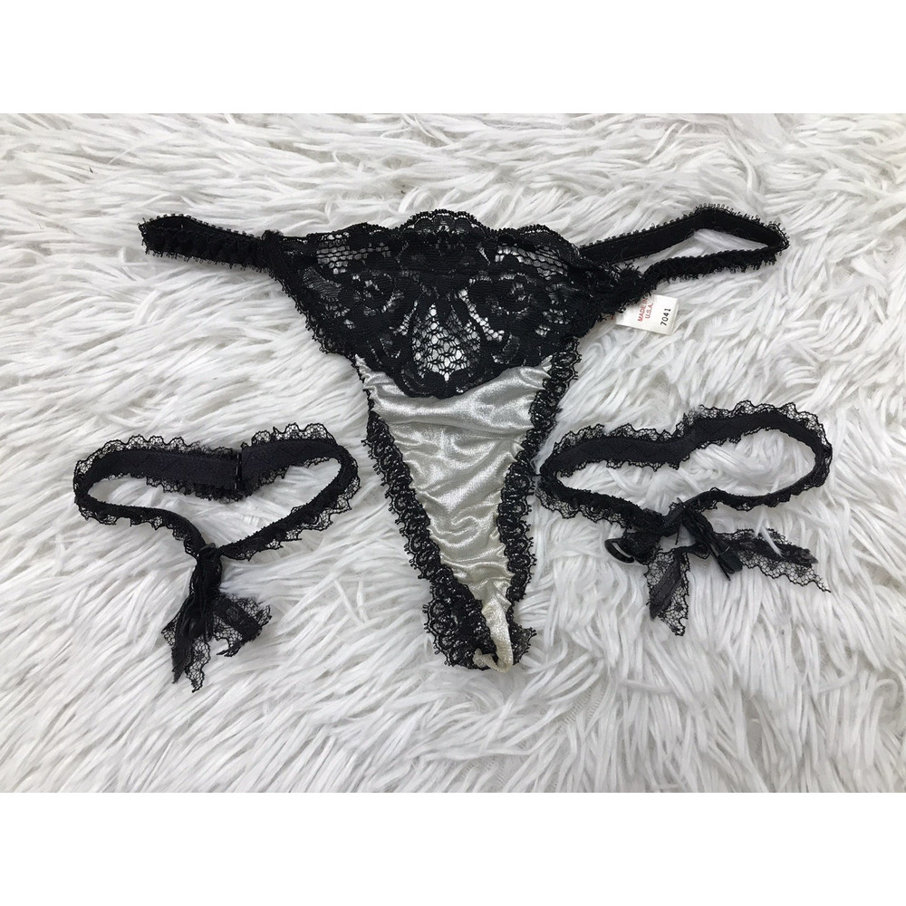 Vintage Jezebel String Bikini Panties Lace w/ Two Thigh Leg Ring Elastic Garter